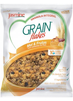GRANOLA_mel e frutas.png - Grain Flakes Mel & FrutasAdicionado de 10 vitaminas, minerais e cálcio;Rico em fibras;Alto teor de proteínas;Ingredientes: Flocos de aveia, melado de cana, açúcar mascavo, óleo de milho, frutas desidratadas, flocos de milho, germe e fibra de trigo, proteína texturizada de soja, extrato de malte, uva passa, banana desidratada, mel, castanha do Pará, flocos de arroz, mix de vitaminas e minerais (cálcio, vitaminas C, B3, E, zinco, vitaminas B2, B6, B1, B5, A e D) e aroma. CONTÉM GLÚTENDisponível na versão: 300g. 